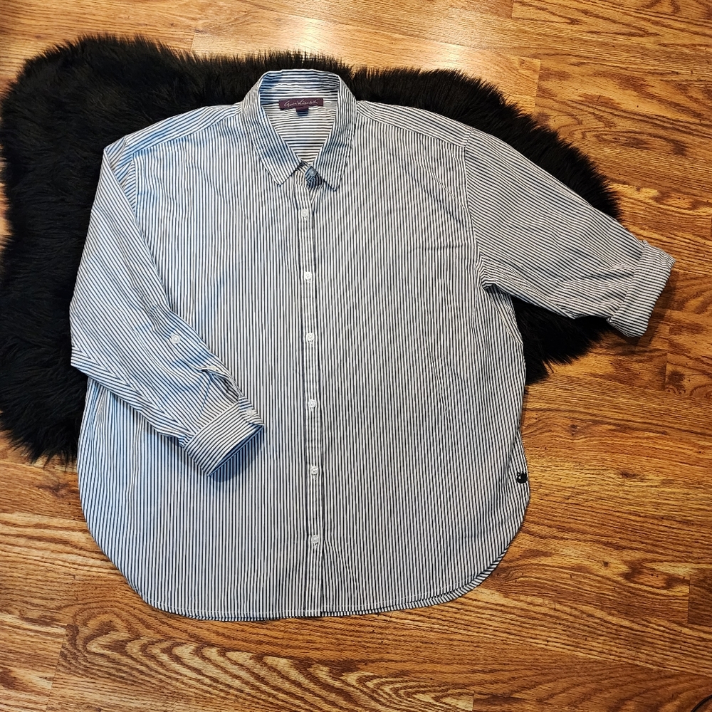 Charcoal Gray and White Pinstriped Button-up Shirt Women's Size XL